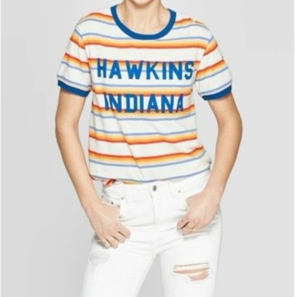 Stranger Things Hawkins, Indiana Rainbow Ringer T-Shirt 🌈
